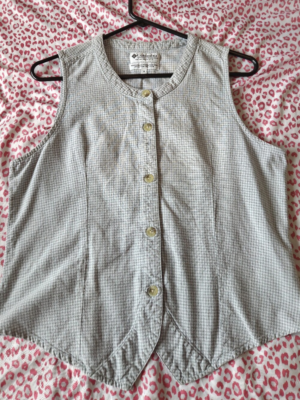 Womens Vintage 90s Columbia Light Gray/Blue/White Checked Short-Sleeve Shirt